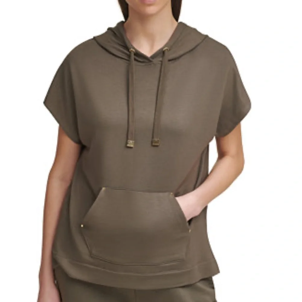 Calvin Klein Women's Hoodie Sweatshirt Short Sleeve Olive Green Pullover M‎